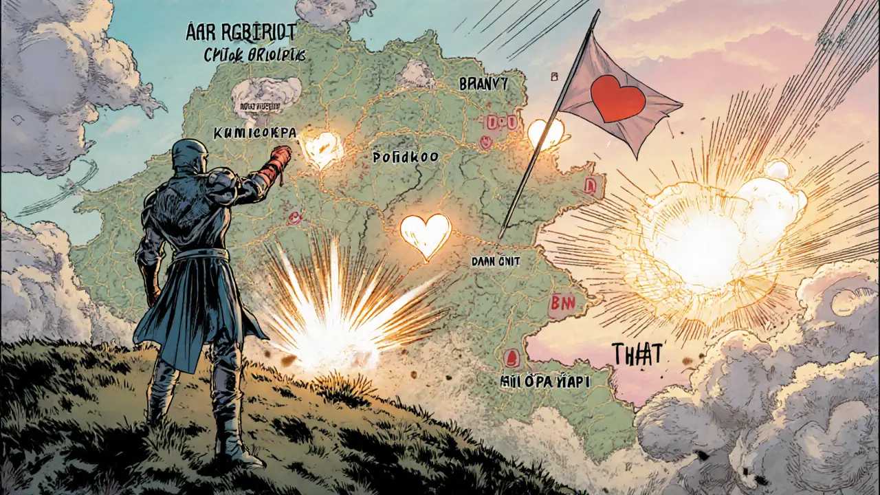 Hrdina na kopci s mapou ČR, kde jsou zvýrazněna centra DBT jako opevněné základny.