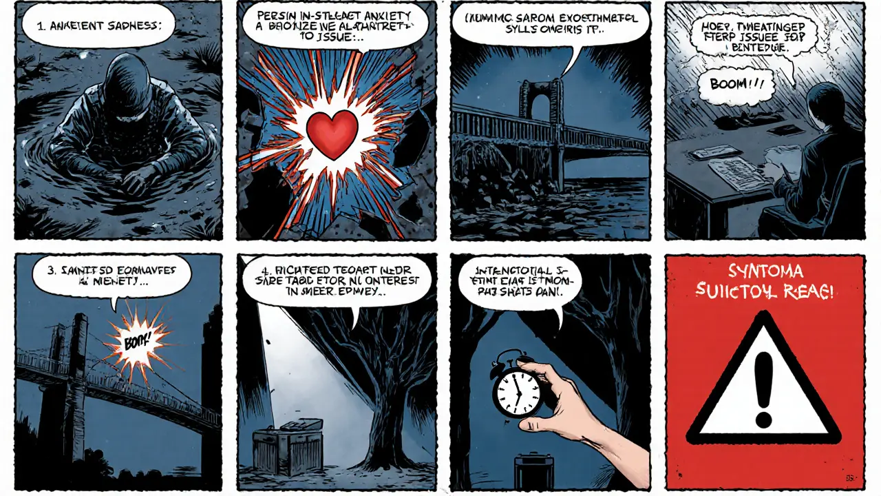 Šest panelů ukazujících různé symptomy duševního zdraví v stylu válečného komiksu.