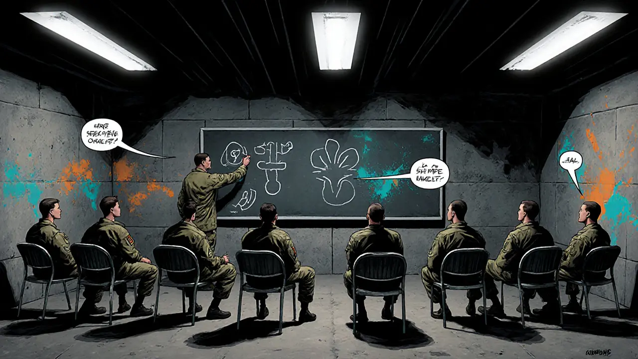 Skupinová terapie v podobě vojenské výcvikové místnosti s účastníky cvičícími mindfulness.