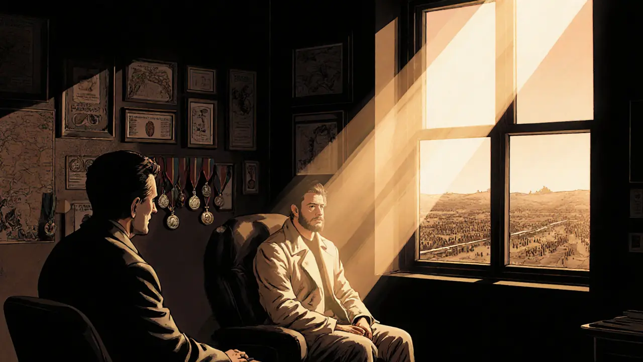 Terapeut a klient v útulné místnosti, světlo a stíny naznačují naději a uzdravení.