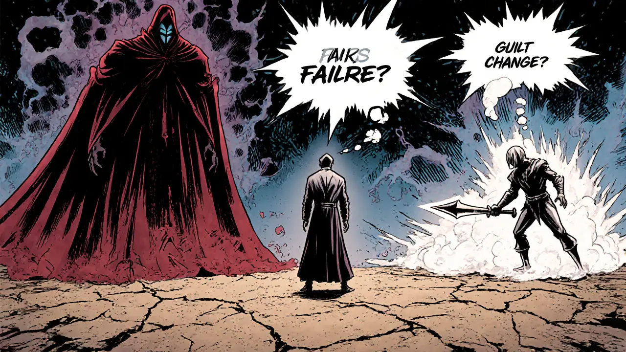 Vnitřní boj mezi studem a vinou, zobrazený jako souboj dvou nepřátel.