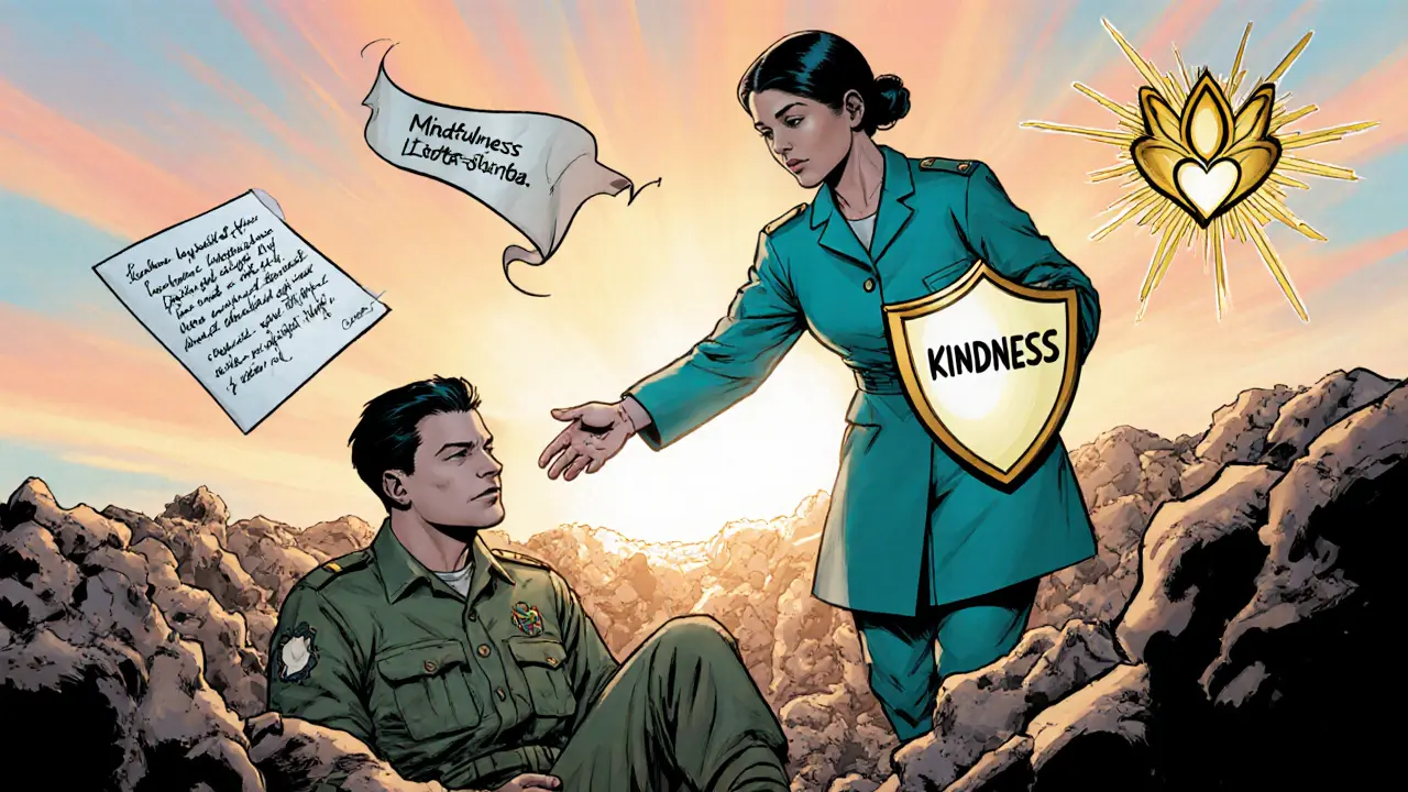 Záchranná mise s medikem, štítem laskavosti a symboly terapie.