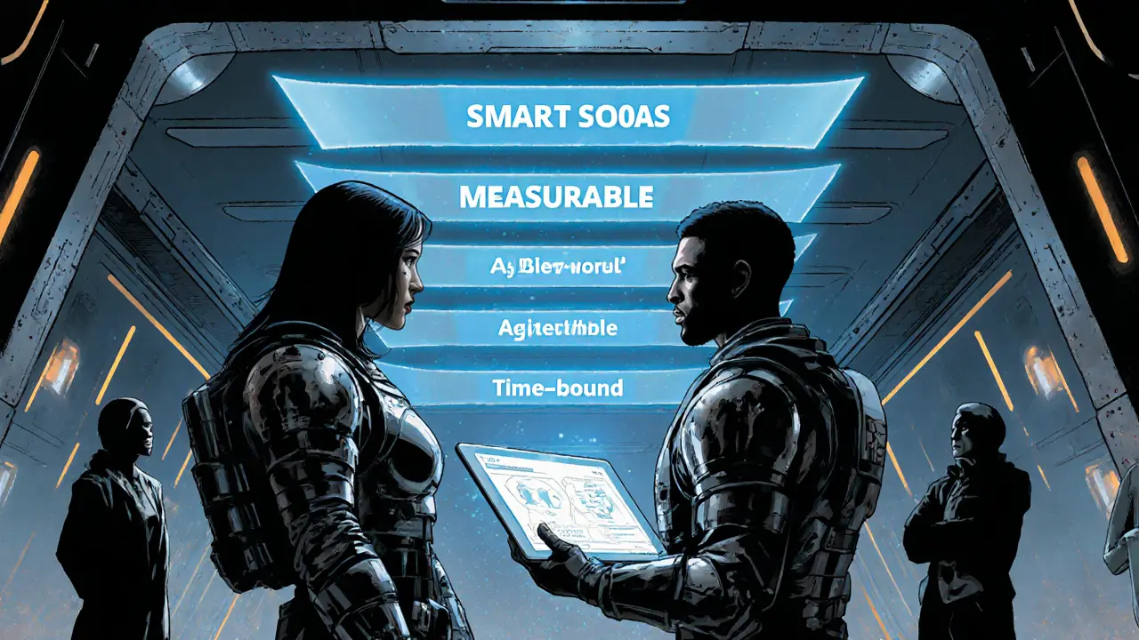 Terapeut a klient podepisují smlouvu před holografickými SMART cíli.