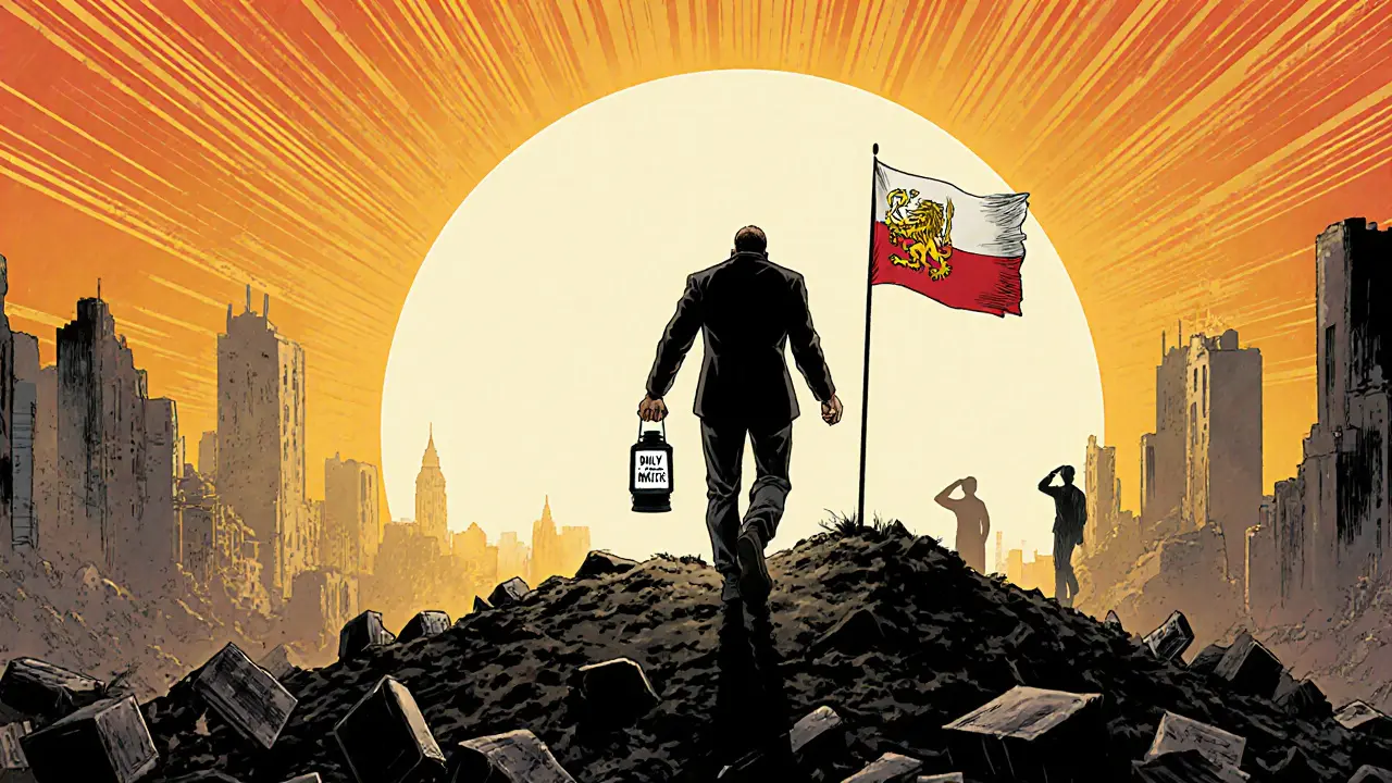 Hrdina vychází z ruin do východu slunce, drží lucernu a vlajku ČR.