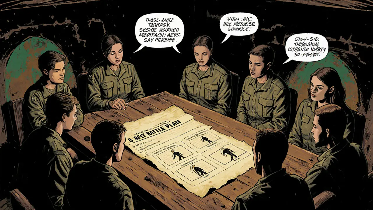 Skupina lidí v bunkru studuje MBCT plán, ukazují meditace a výměnu myšlenek.