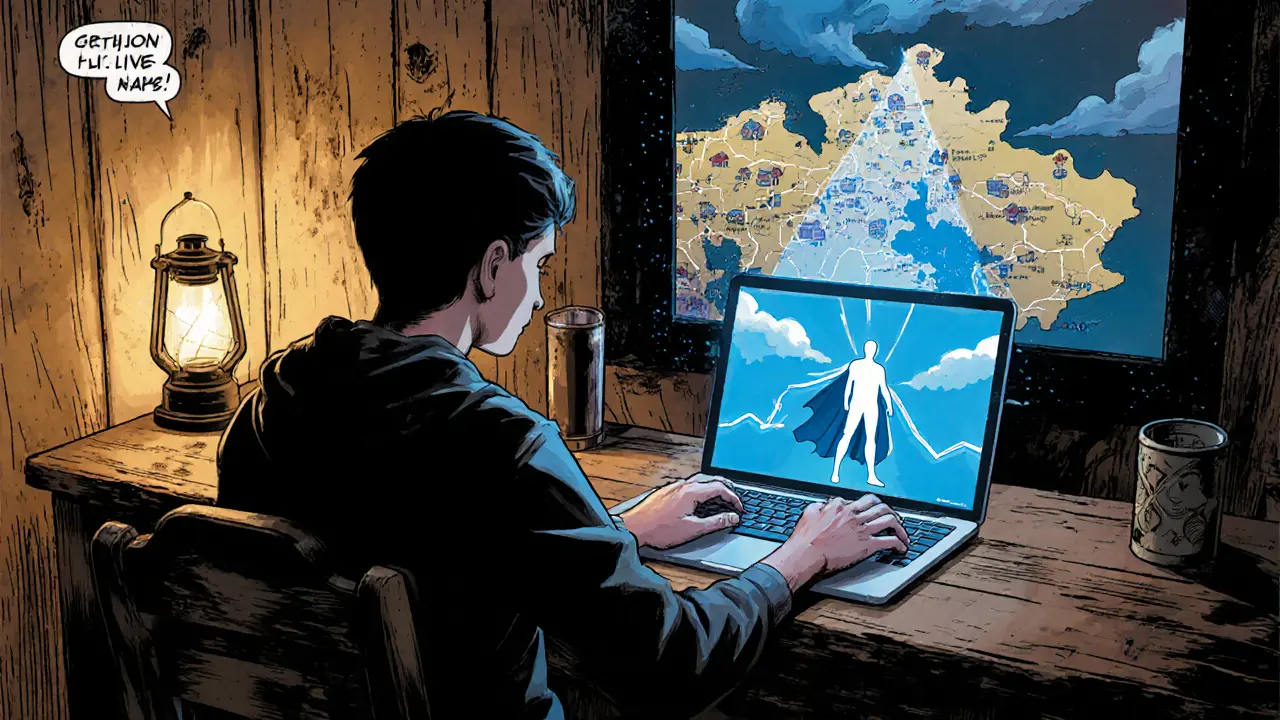 Teenager v odlehlé vesnici při online terapii, kde terapeut vypadá jako hrdina.