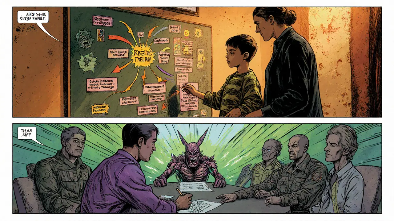 Tři panely: KBT plán, psychodynamická hra a rodinná terapie ve stylu komiksové bitevní scény.