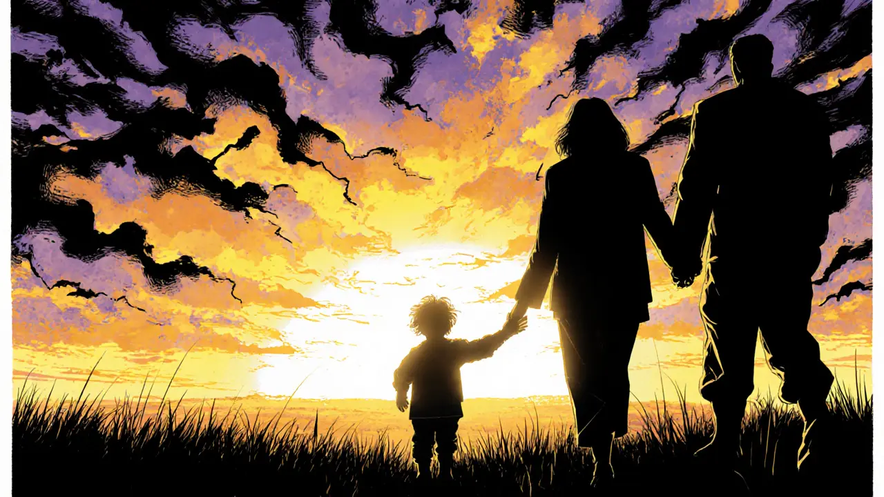 Dítě kráčí k východu slunce s rodiči po boku, symbolizuje naději, ve stylu válečného komiksu.