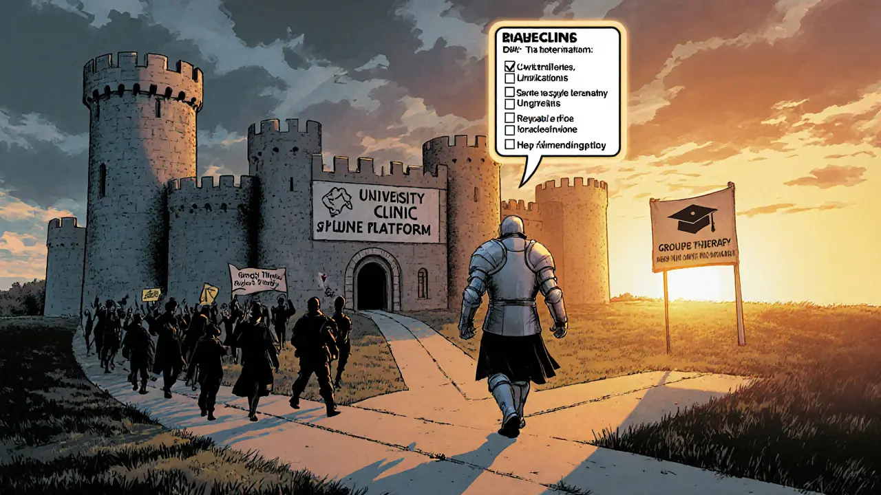 Klient na rozcestí volí cestu k terapii, s možnostmi studentské slevy, online, skupinové a univerzitní služby.