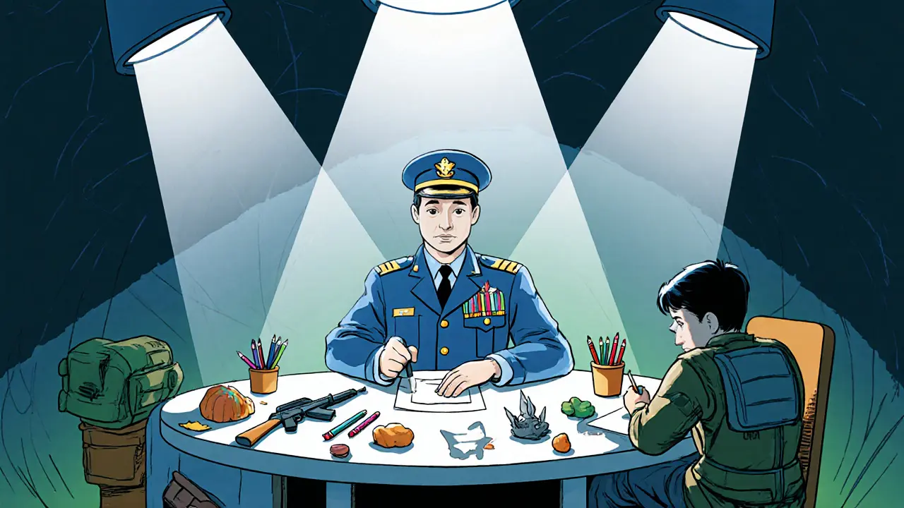 Terapeut v roli velitele pomáhá dítěti s pastelky a modelínou, scéna v komiksovém válečném stylu.