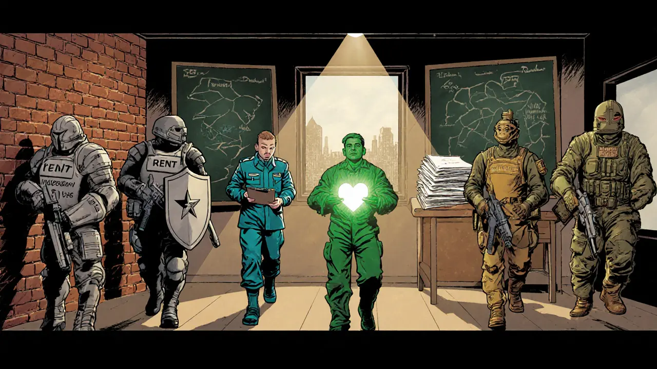 Terapeutova kancelář jako válečné pole s jednotkami představujícími náklady: nájem, supervizi, pojištění, administraci a terapii.