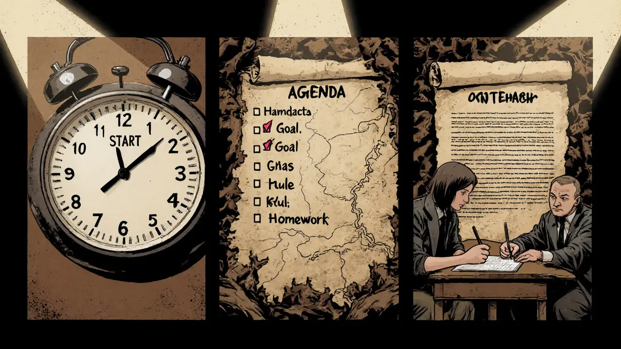 Hodiny, plán a smlouva zobrazují strukturu sezení v komiksovém stylu.