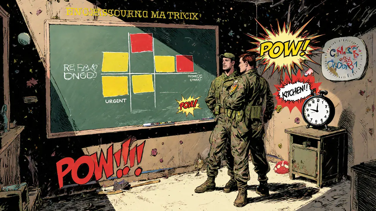 Hrdina a partner používají Eisenhowerovu mřížku a časovač v tréninkovém stanu.