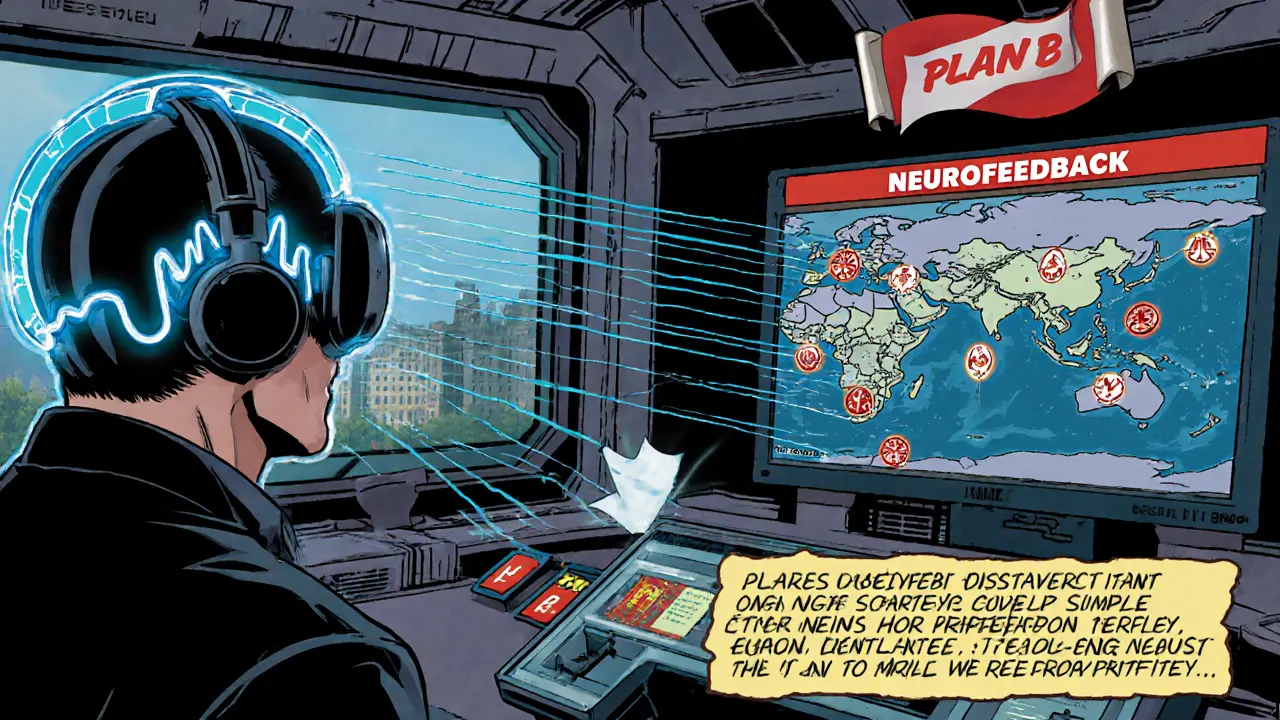 Hrdina s EEG helmou ovládá neurofeedback v futuristické laboratoři.