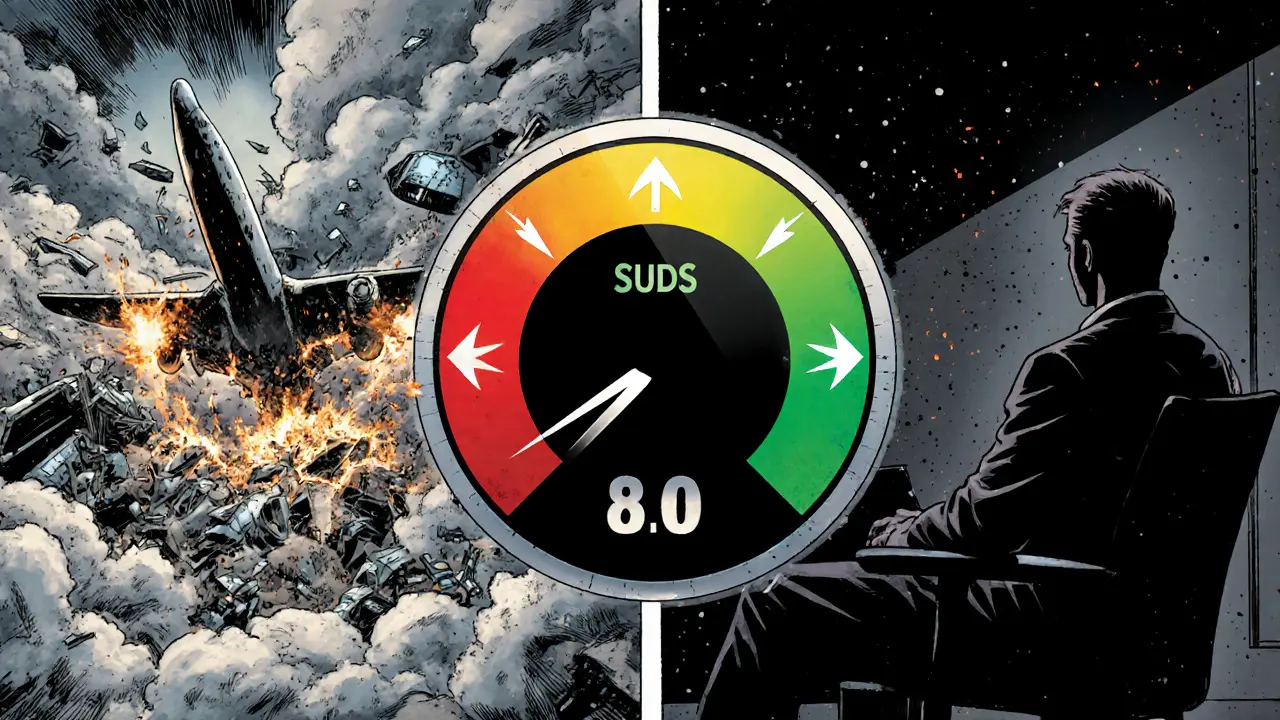 Klient sleduje rychlé oči při představě havárie letadla, SUDS ukazatel klesá.