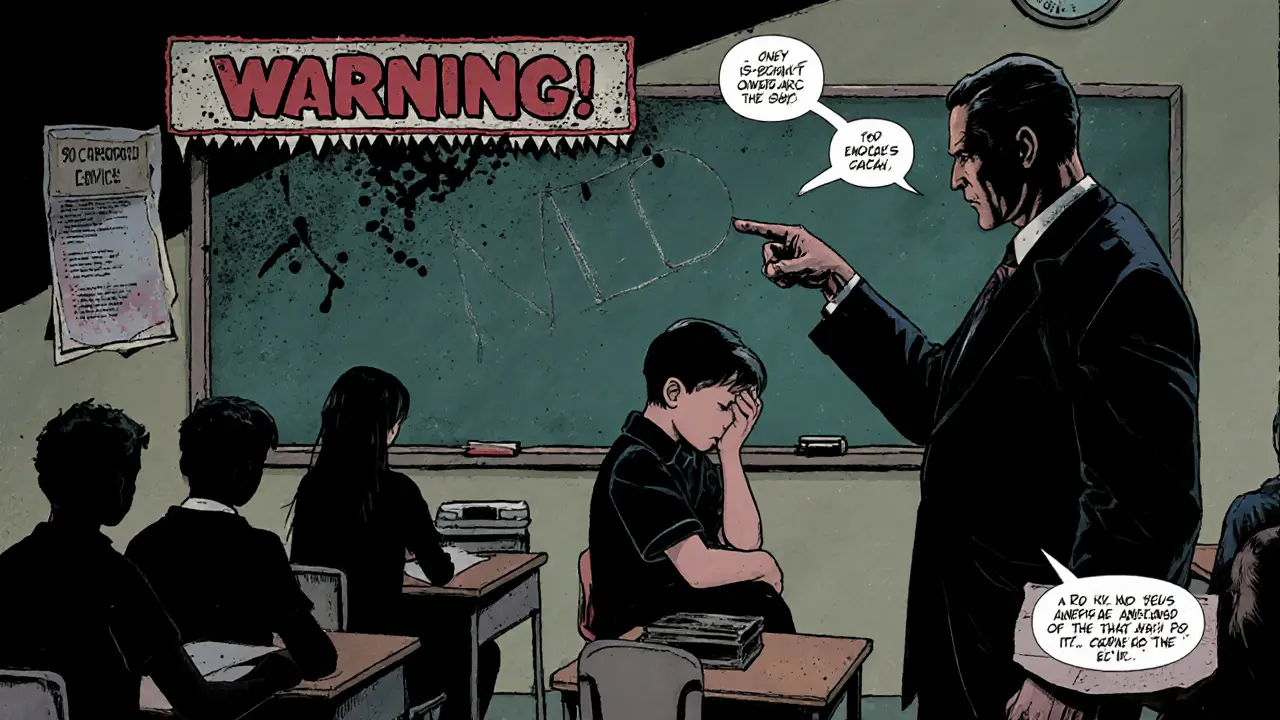 Škola – dítě s bolestmi hlavy a izolací, učitel ho sleduje s obavami.