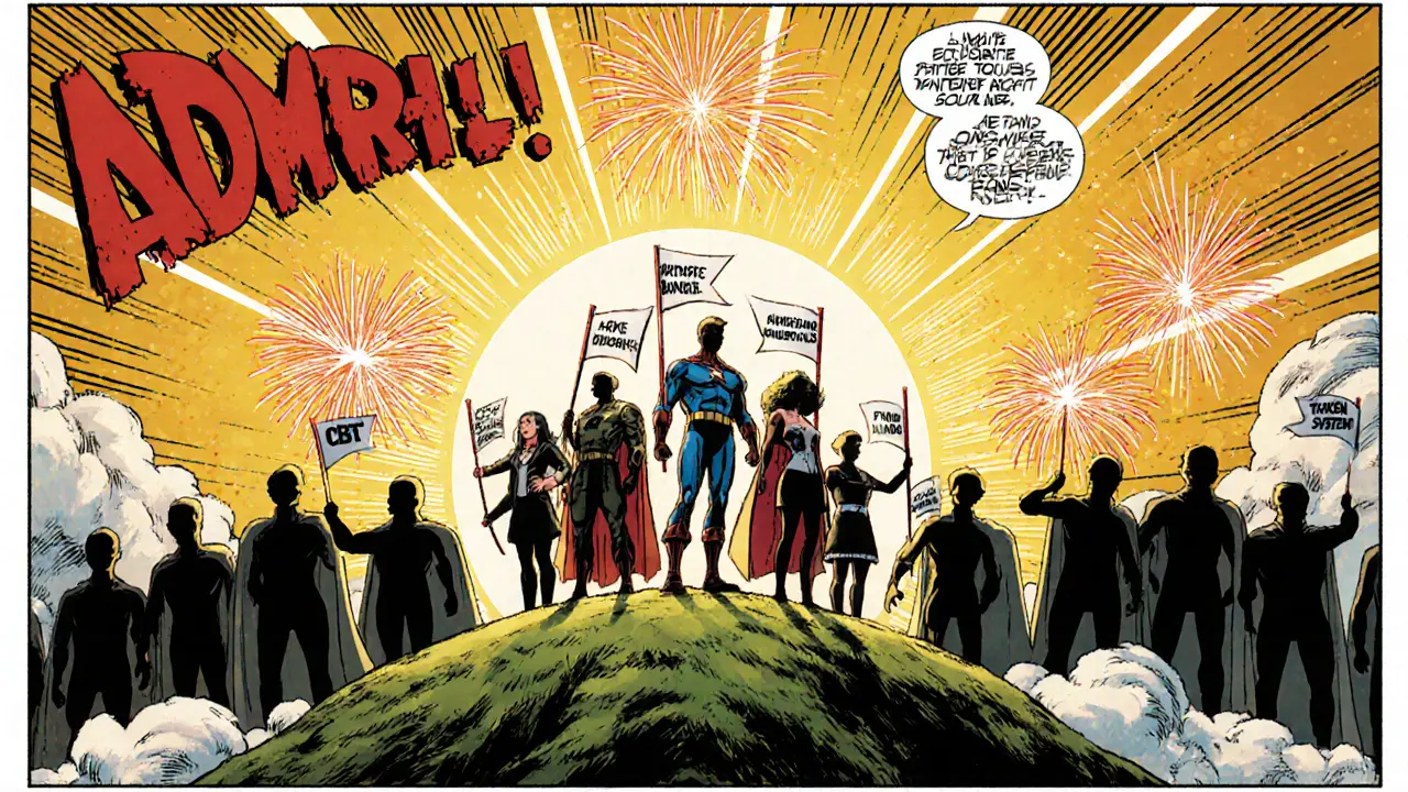 Skupina oslavuje vítězství nad negativními myšlenkami s vlajkami CBT a tokenů.