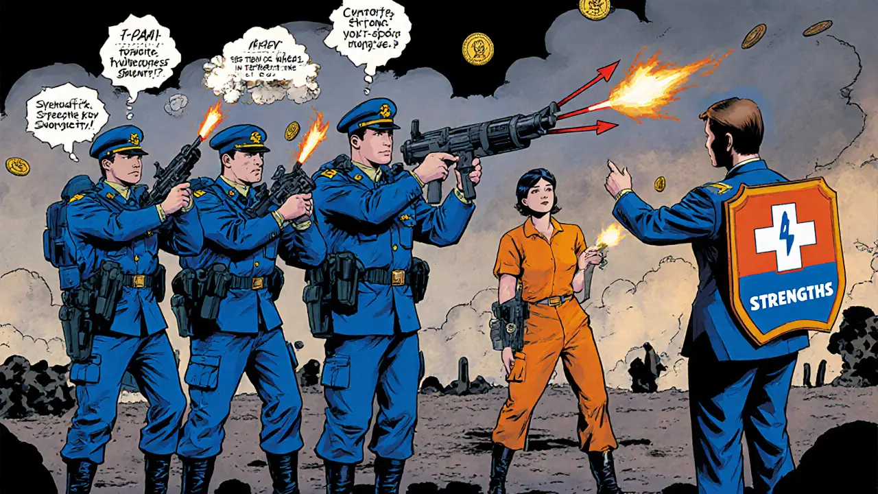 Terapeut jako velitel vede tým CBT vojáků s myšlenkovými kanóny a štíty silných stránek.