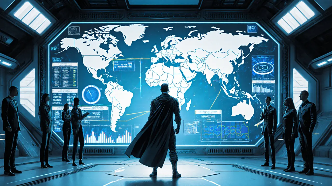 Terapeut ve futuristickém velitelském středisku sleduje digitální data terapie.