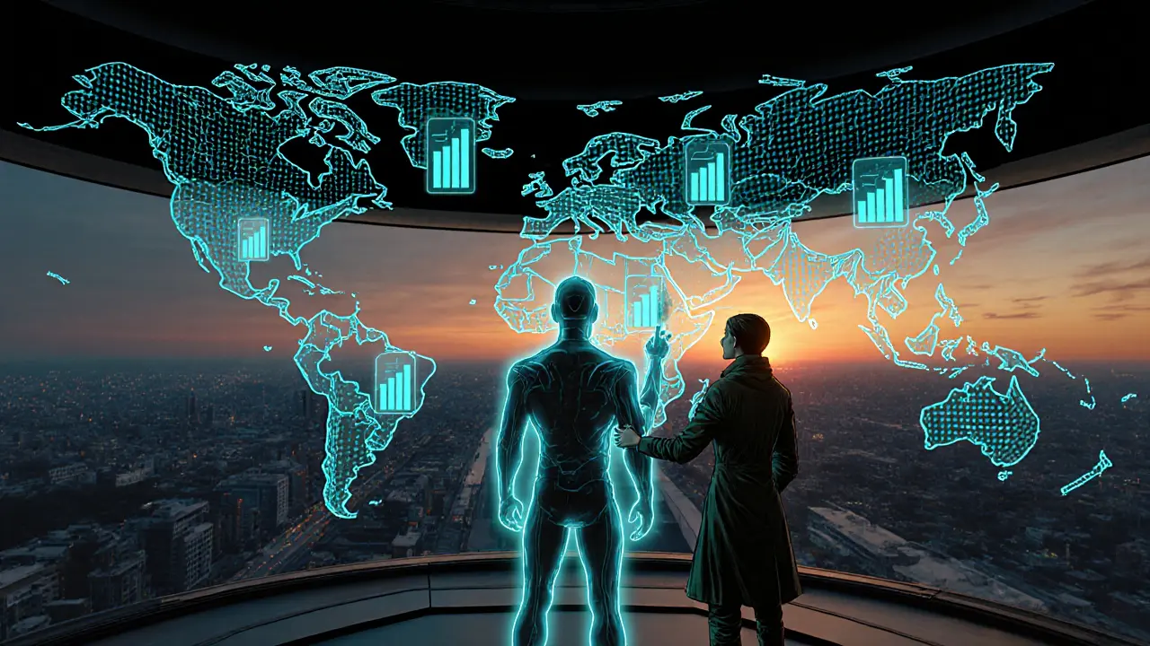 Hrdina v futuristickém řídicím středisku s AI, zobrazujícím rostoucí ukazatele odolnosti a lidskou podporu.