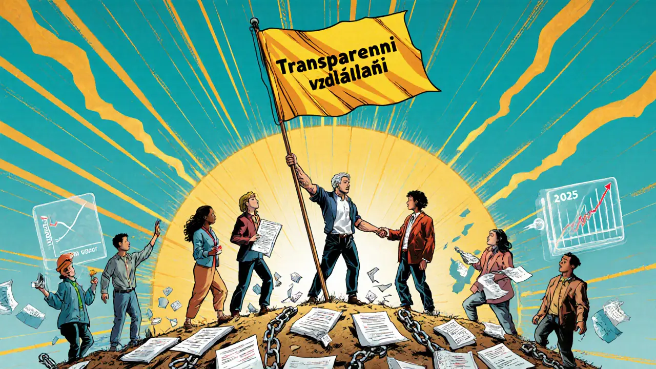 Skupina studentů slaví vztyčení vlajky Transparentní vzdělání pod úsvitem.