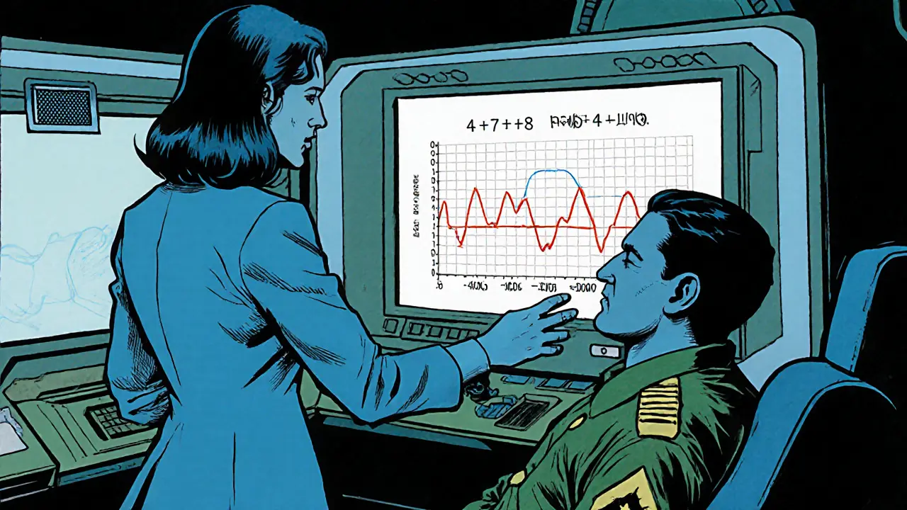 Terapeut vede pacienta k dýchacím cvičením a biofeedbacku v taktickém prostředí.