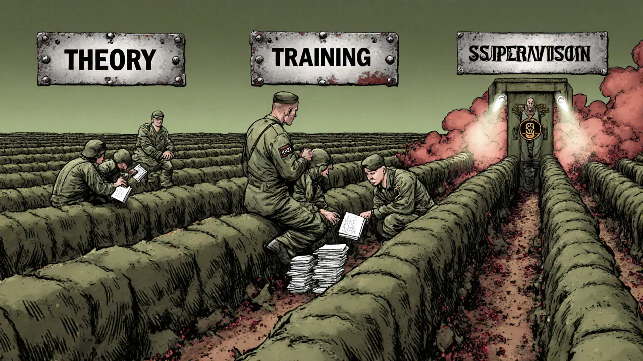 Tři paralelní zákopy představují teorii, výcvik a supervizi při výcviku terapeutů.