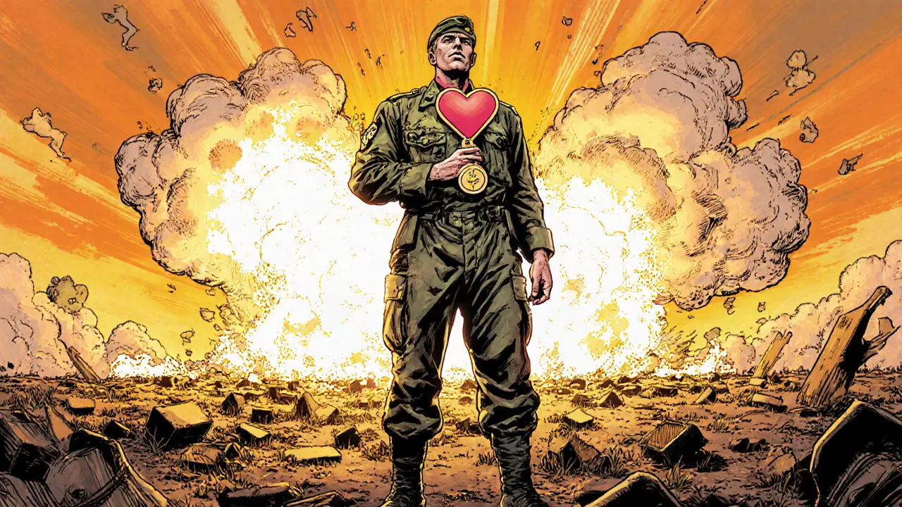 Uzdravený člověk stojí na bitevním poli, symbolizující úlevu a naději.