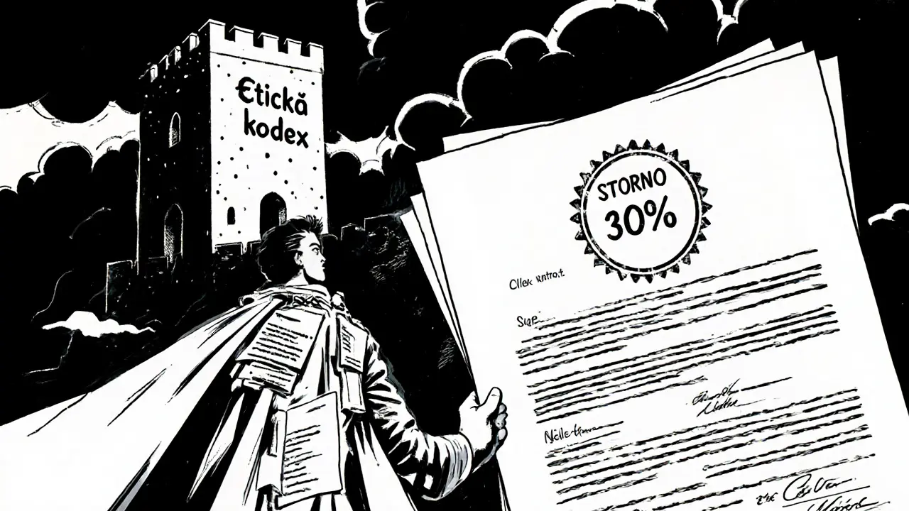 Hrdina drží podepsanou smlouvu před pevností Etického kodexu.