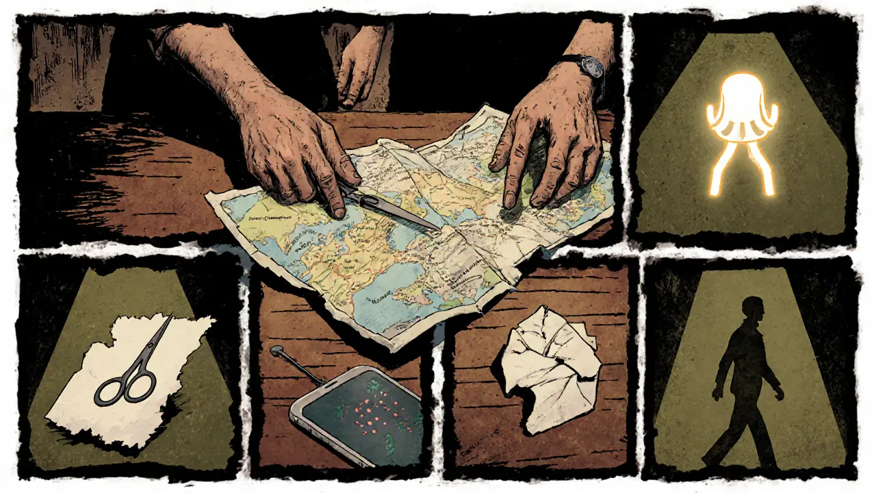 Panely s položkami bezpečnostního plánu: nářadí, telefon, dýchání, podpora.