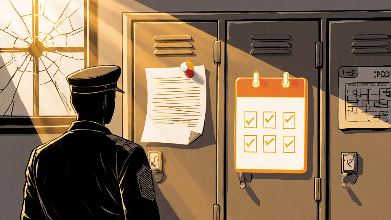 Postava u skříně s tištěným plánem a tabletem, symbolizuje údržbu plánu.