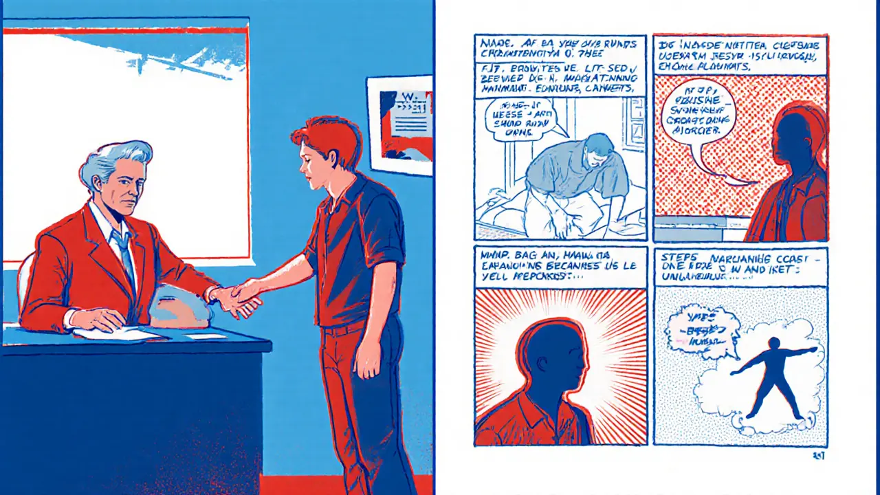 Psycholog a úzký člověk v krizovém centru, ukázané čtyři fáze intervence.