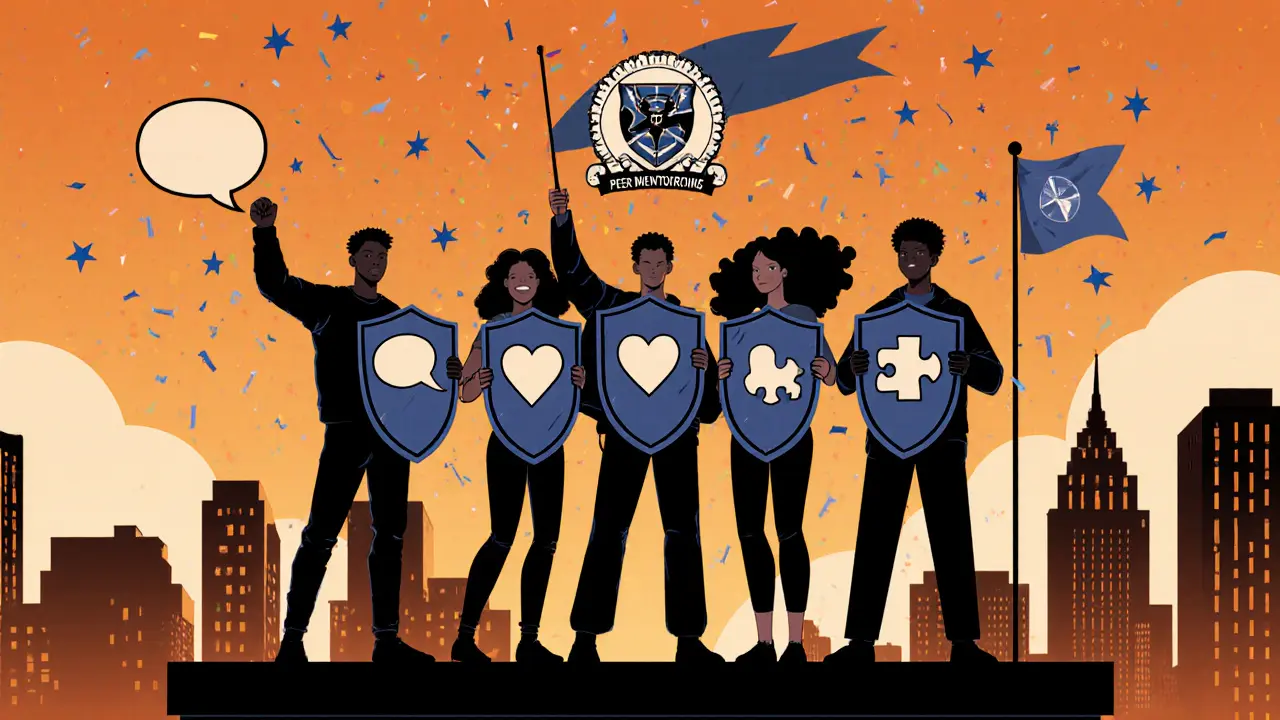 Skupina adolescentů na střeše slaví úspěch programu, drží štíty symbolizující komunikaci.