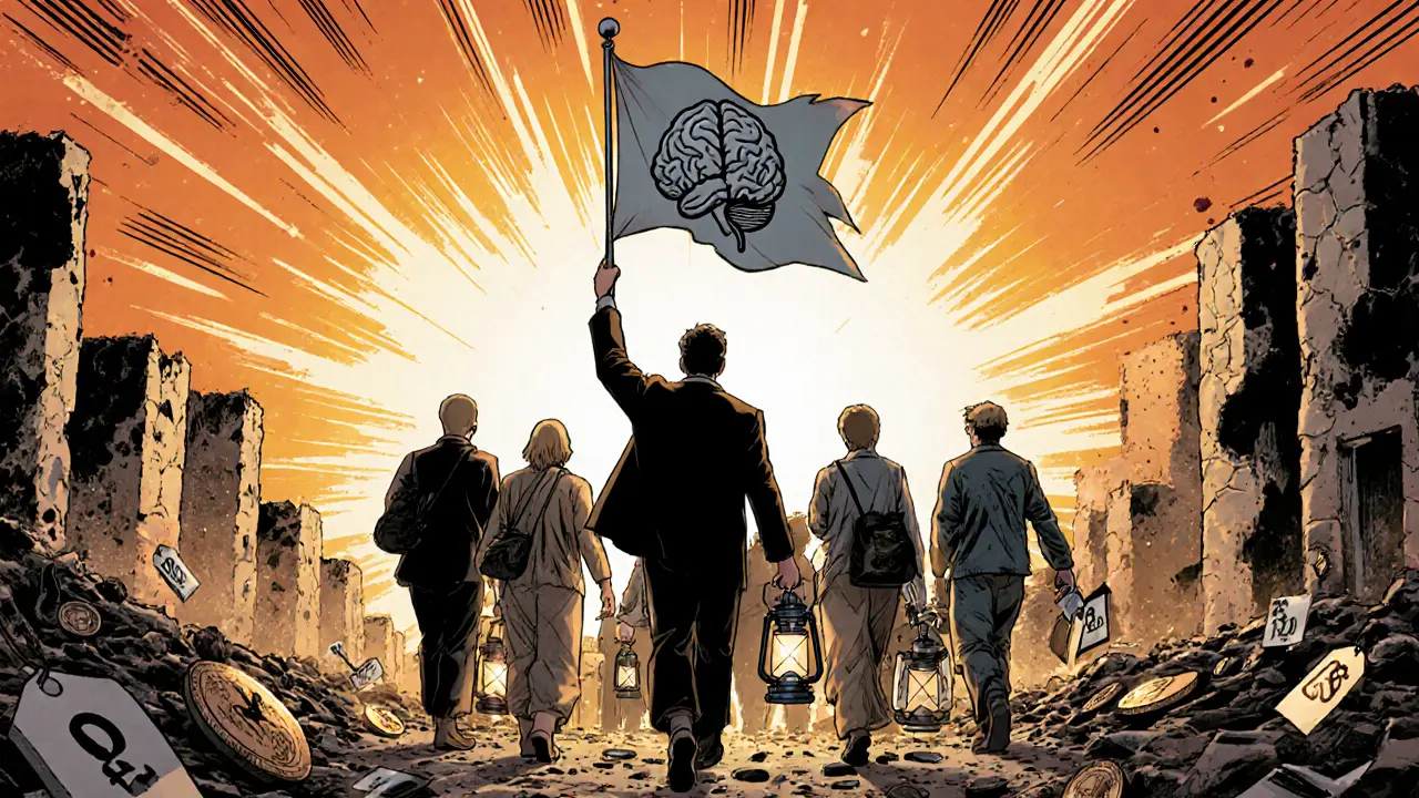 Skupina odchází z města za úsvitu, s terapeutem držícím vlajku.