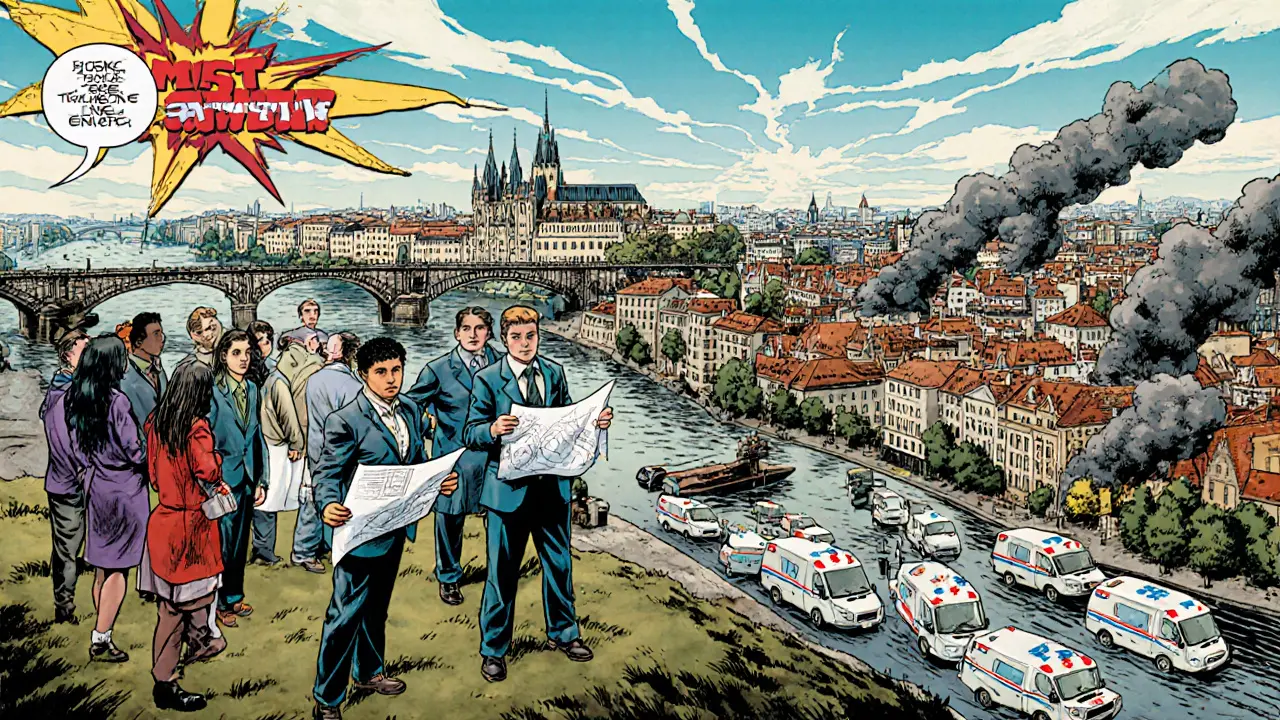 Skupina terapeutů a mladých pacientů na vrcholu s pražským panoramatem v pozadí.