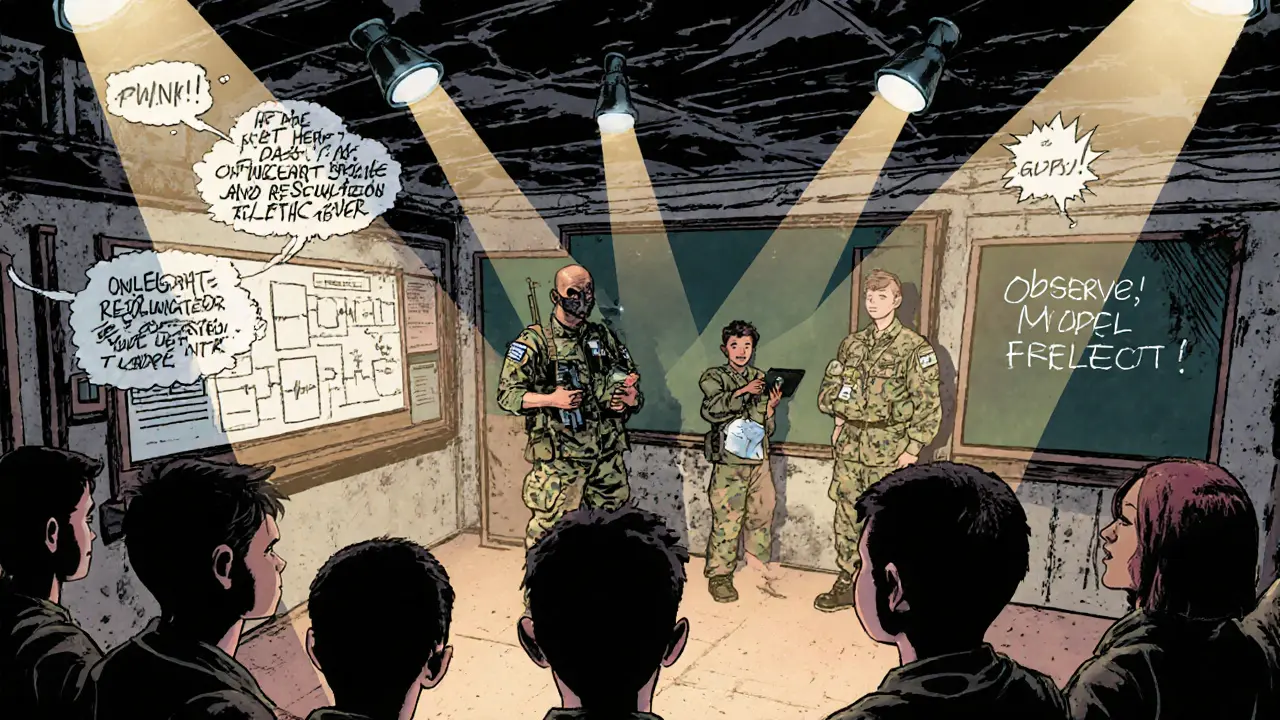 Teen mentor vede skupinu vrstevníků cvičením sociálních dovedností v stylu výcviku.