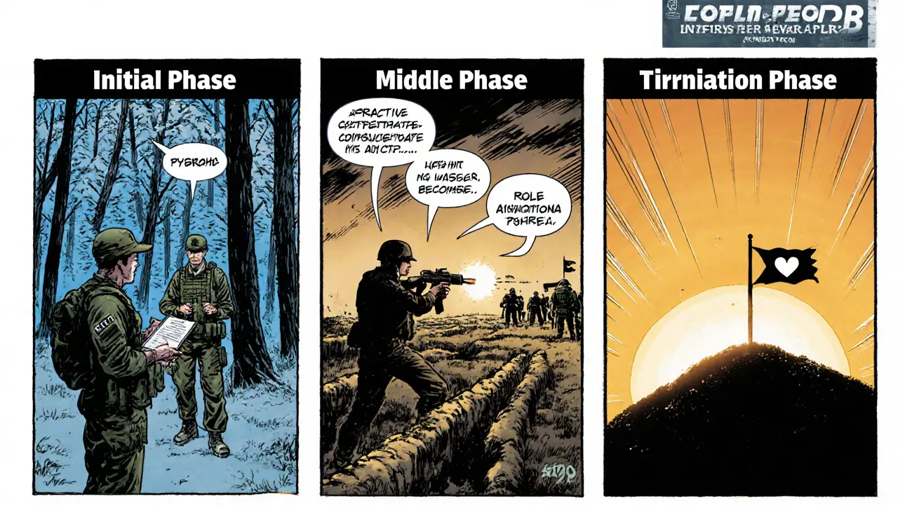 Tři panely: úvodní briefing, boj v zákopech s konfliktem rolí, vítězný výstup s praporem.