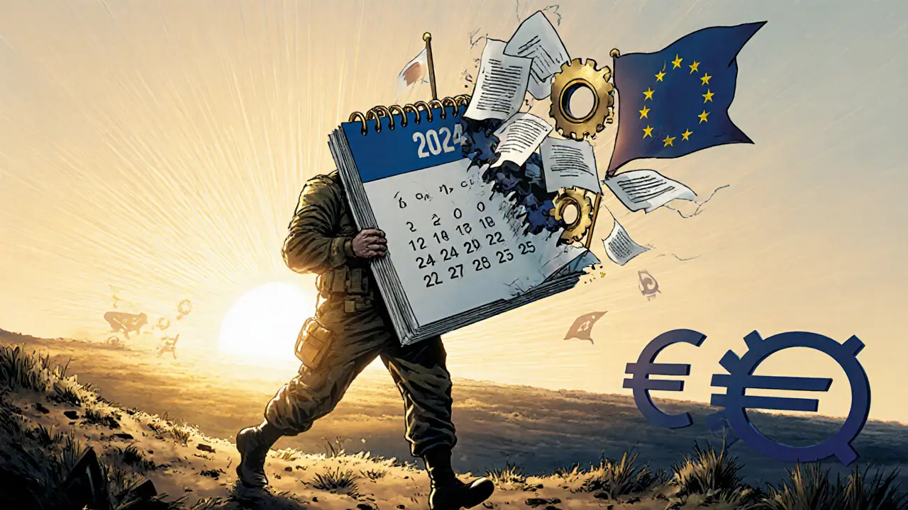 Účetní‑válečník kráčí k východu slunce s kalendářem 2024‑2025.