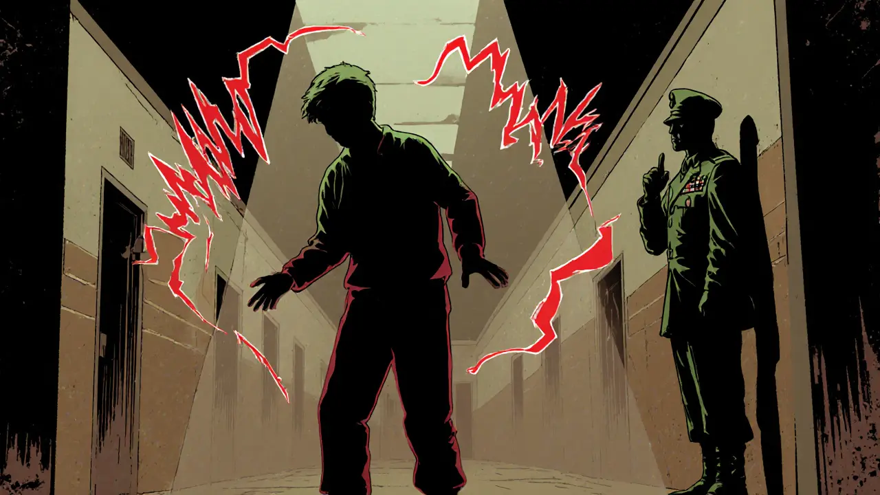 Chlapec provádí opačný pohyb hlavy, zatímco červené šípy tiků mizí v chodbě.