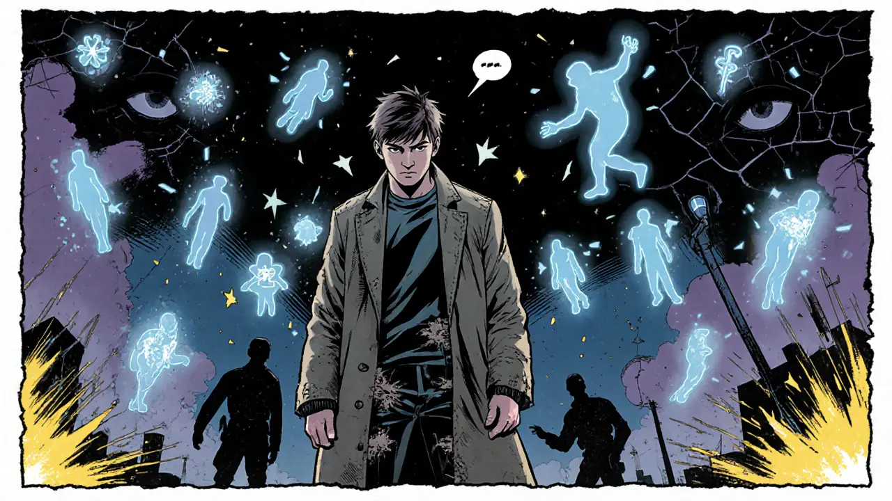 Mladý člověk izolovaný v městské krajině, obklopený zjevnými halucinacemi a paranoidními stíny.