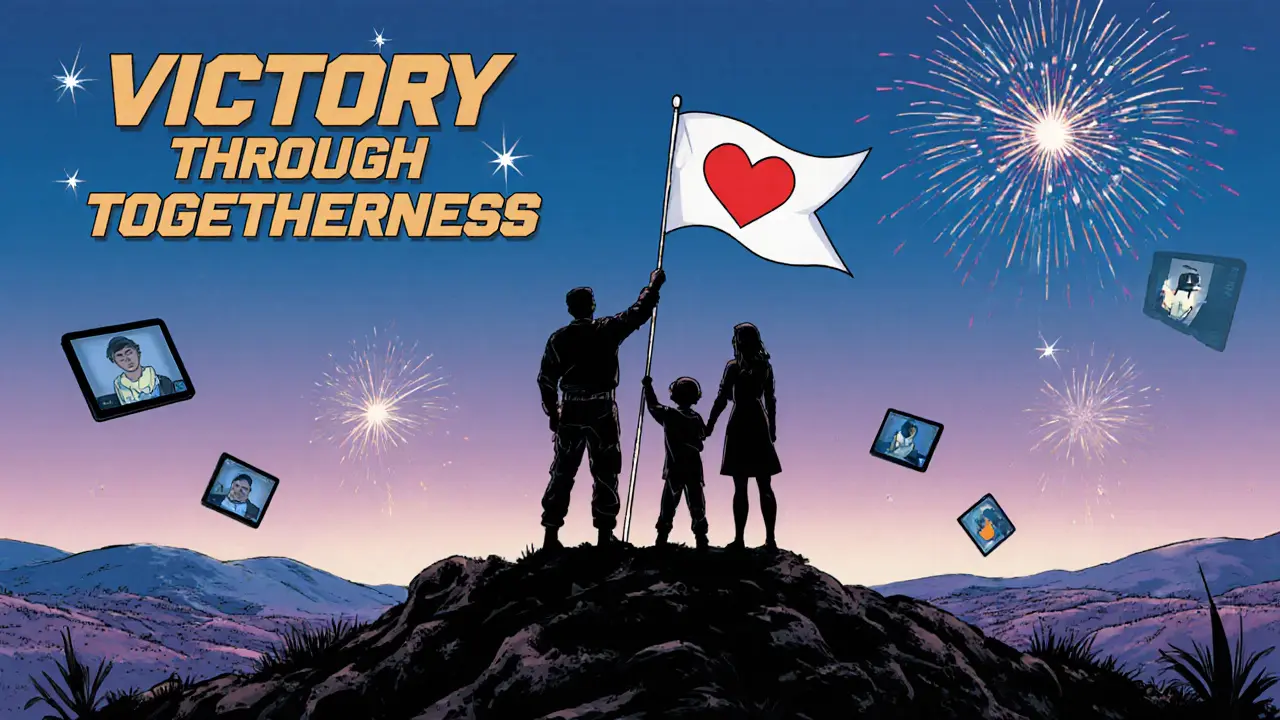 Rodina na vrcholu kopce po terapii zvedá společnou vlajku, v pozadí digitální obrazovky a ohňostroj.