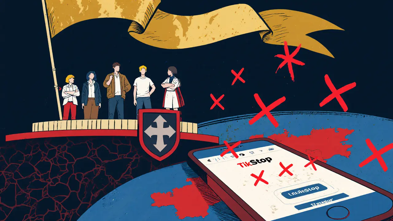 Skupina odborníků s aplikací TikStop na telefonu, která neutralizuje červené tikové symboly nad mapou ČR.