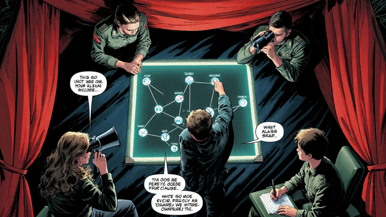 Terapeut v velitelském stanu kreslí genogram, rodinní členové u různých stanic připravených k analýze.