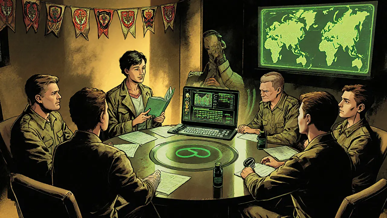 Tým terapeutů, AI a pacienti spolupracují v osvětlené místnosti, symbolizující léčbu.