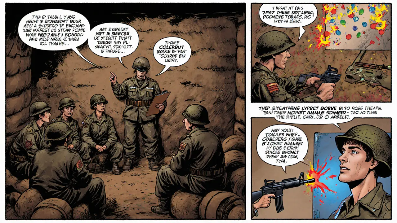 Skupinová terapie ve stylu vojenského zákopu, zahrnující CBT a arteterapii.