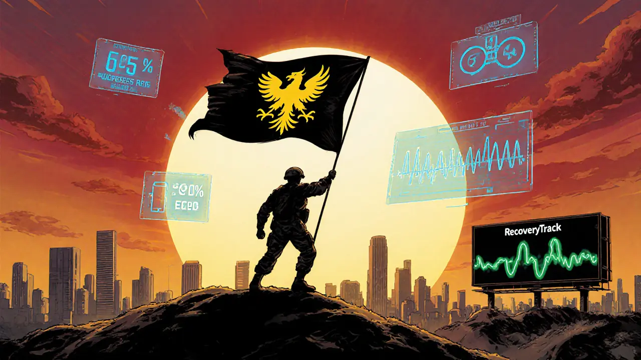 Uzdravený pacient zvedá vlajku zotavení, zatímco AI monitoruje jeho progres.