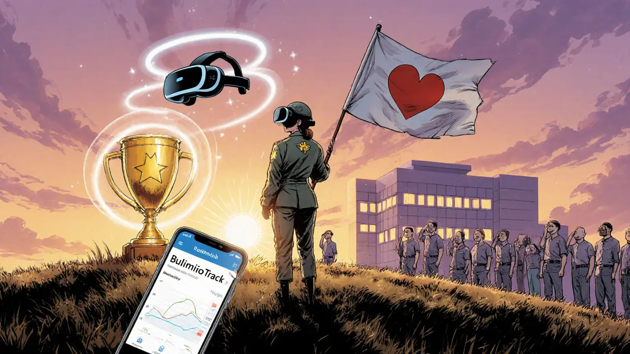 Zdravě vypadající žena vítězí na kopci s vlajkou, VR headsetem a aplikací BulimioTrack.