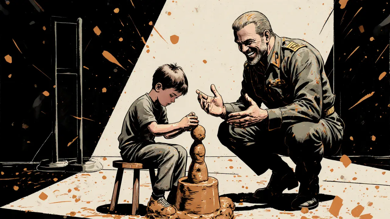 Dítě modeluje hliněnou sošku, terapeut ho vede, dramatické stínování.