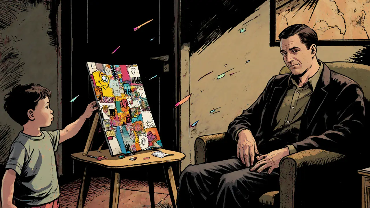 Domácí umělecký koutek, dítě ukazuje koláž, rodič ho sleduje.