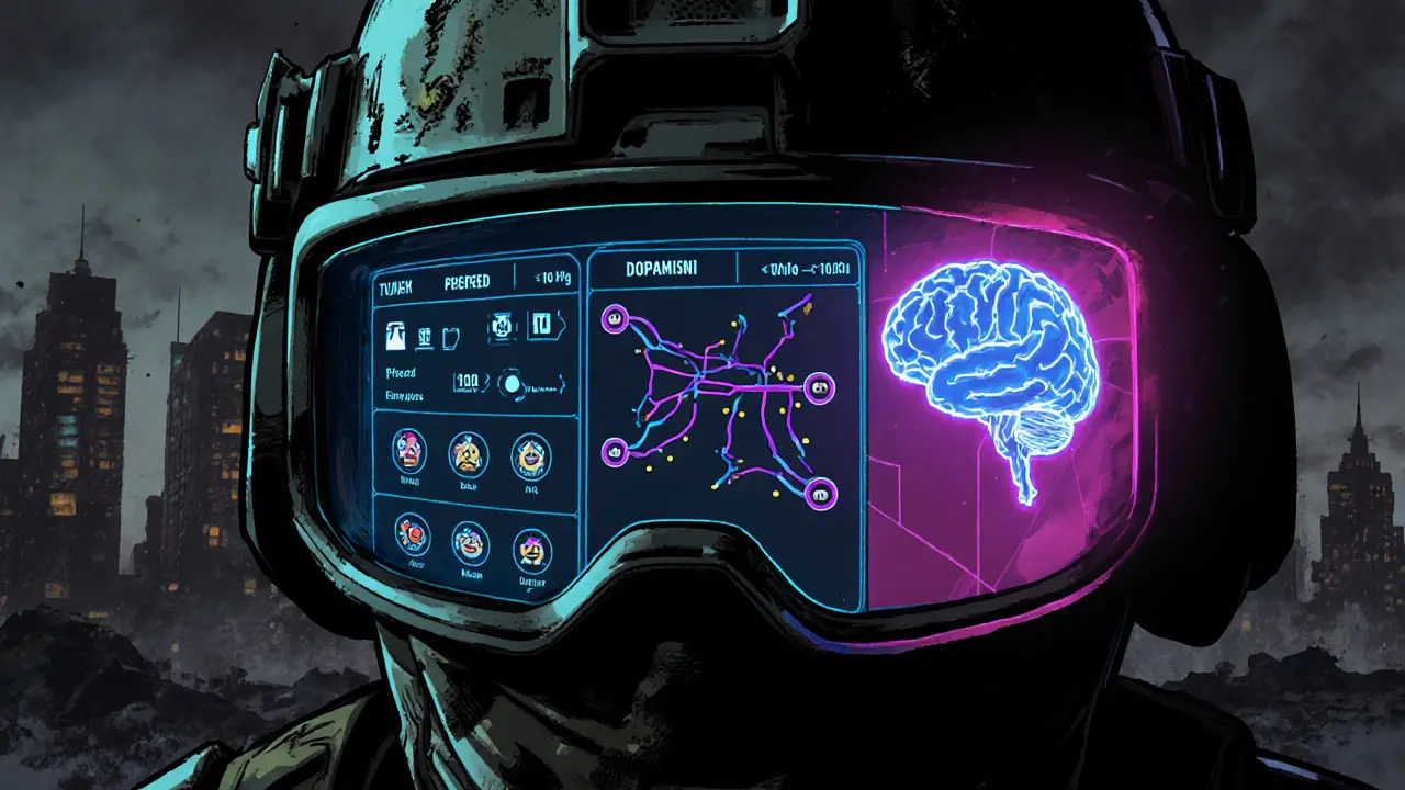 Futuristické rozhraní sledující jídlo, náladu a mozek v komiksovém stylu.